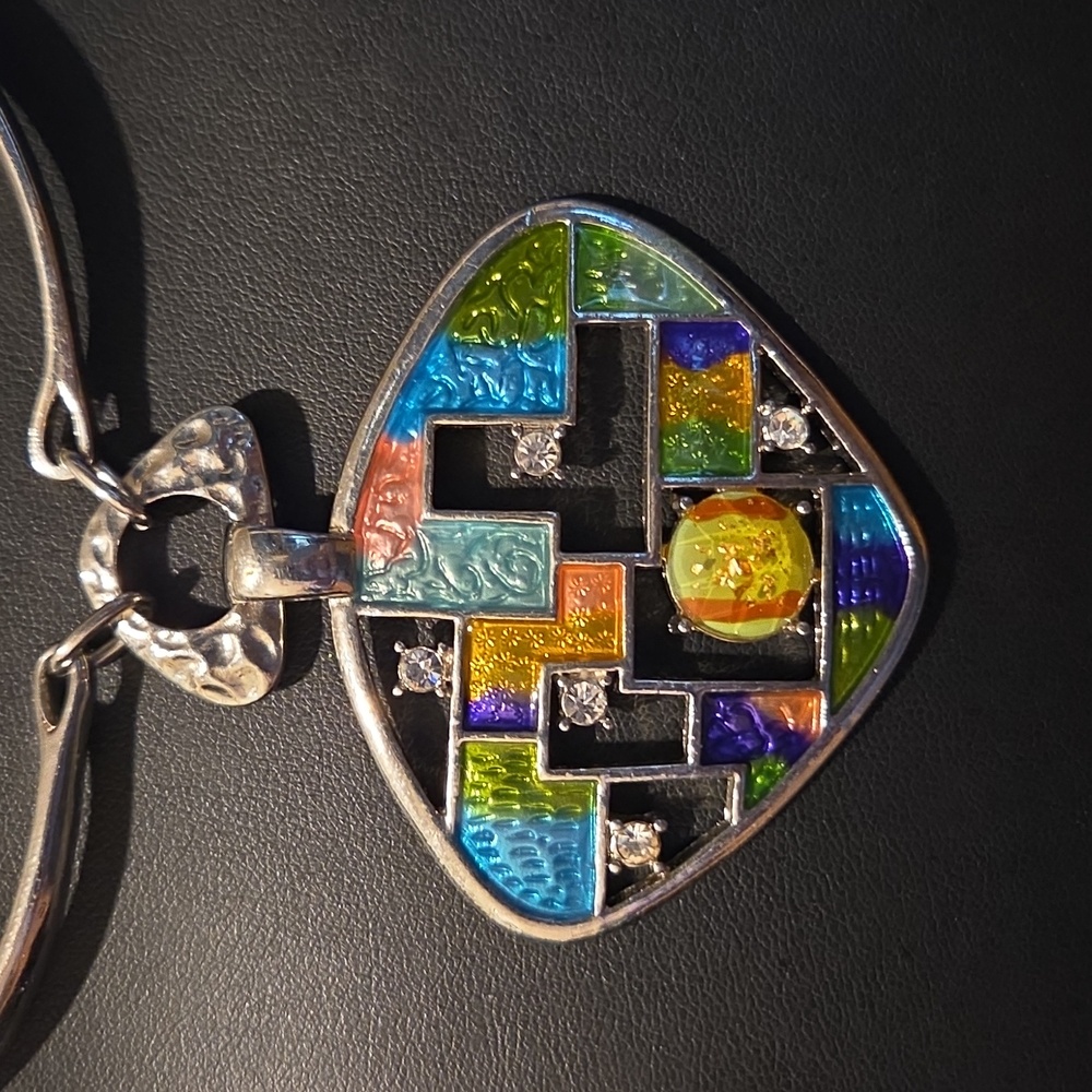 Estate Multicolor Geometric Rhinestone Pendant Necklace - Picture 3 of 4